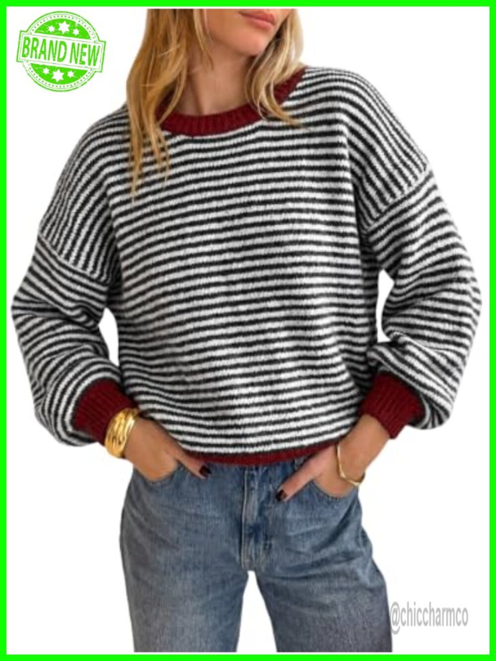 Womens Striped Sweater Loose Fit Color Block Knit Pullover Tops